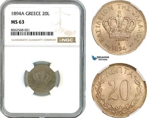 AK807, Greece, George I, 20 Lepta 1894 A, Paris Mint, NGC MS63 - Picture 1 of 1