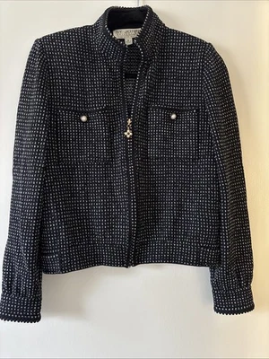 Elegante Chaqueta St. John Negro Blanco Tweed Imitación Perla Botones Súper Elegante Talla 6 Usada en Excelente Condición Foto 1 de 4