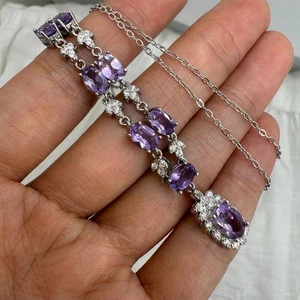925 Sterling Silber Halskette 6x4mm Oval Natur Amethyst Edelstein Anhänger Geschenk - Bild 1 von 8