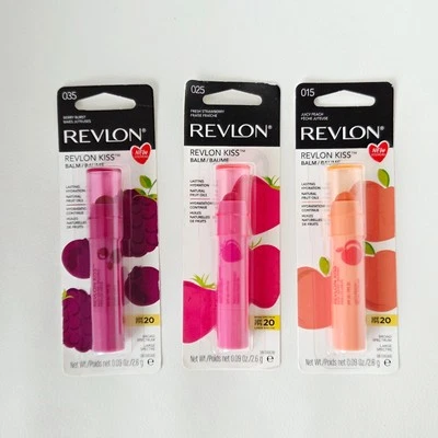 LOT OF 3 REVLON KISS LIP BALM 015 JUICY PEACH 025 STRAWBERRY 035 BERRY BURST NIP - Image 1 of 4