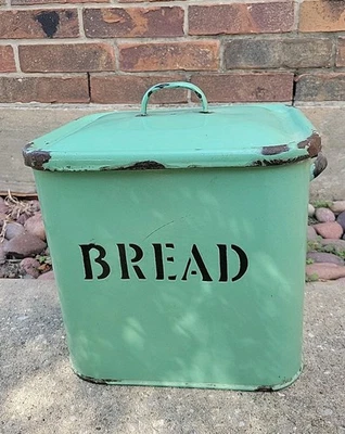 Antique Bread Bin in Mint Green Enamel 1920s Rustic Kitchen - Image 1 of 4