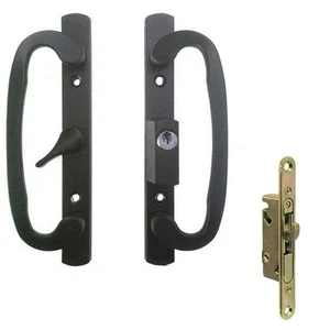Kit Maniglia Porta Patio Scorrevole Serratura Mortise e Piastra Frontale, Posizione A, Nero, Chiave - Foto 1 di 2
