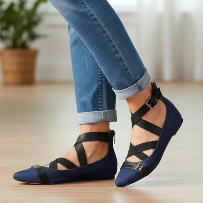 NINE WEST 8,5 джинсовой ткани синий плоскостях черный ремни лодыжки молнии Smoak R $99 - Изображение 1 из 4