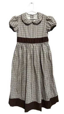 Strasburg Dress Girls 12 Classic Brown White Check Plaid Prairie Cottage - Image 1 of 4