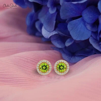 Peridot & Diamond Halo 14k Fine Gold 4mm Round Stud Christmas Earrings For Women - Image 1 of 4