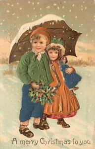 Embossed Christmas Postcard PFB 9465 Relief Radiol Girl Couple Under Umbrella - Picture 1 of 2
