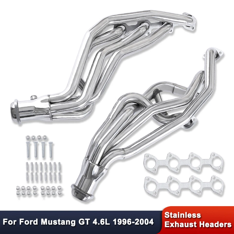Cabezales de escape de tubo largo de acero inoxidable pulido para Ford Mustang GT 1996-2004 Foto 1 de 4