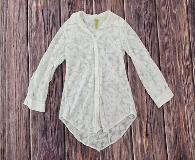 Blusa Transparente Verde Dragón Encaje Estampado Floral Manga Larga Botón Frontal Talla S  Foto 1 de 4