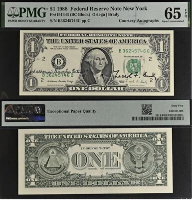 1988 $1 Federal Reserve Note - PMG 65EPQ - Dual Autograph - Ortega / Brady - Image 1 of 4