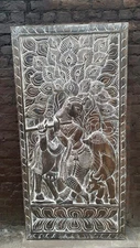 Vintage Beautiful Carved Door Panel, Krishna Playing Flute Wall Sculpture 72x36