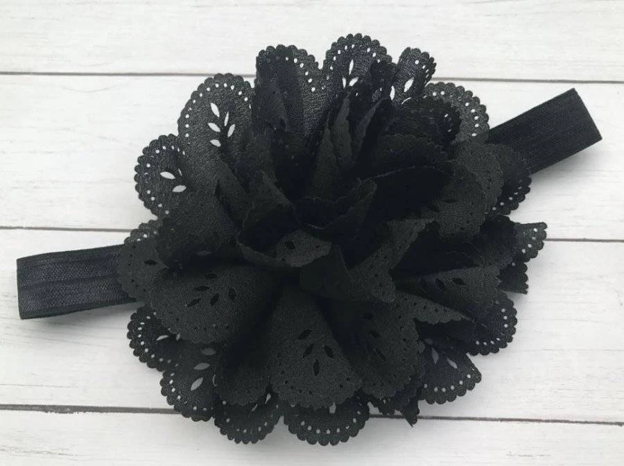 Black Hollow Flower Satin Stretchy Headband - Image 1 of 1