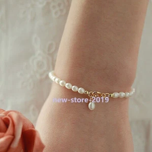 8-7.5" Princess White AAA+ Akoya Pearl Bracelet Classic 14K Yellow Gold Plated - Picture 1 of 4