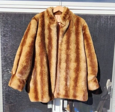 Vintage Faux Fur Coat Womens Brown Stripes Size Small Hook & Eye Closure Pockets - Image 1 of 4