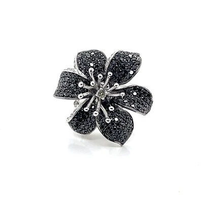 Natural Black Diamond 18k White Gold Convertible Flower Ring/Brooch Fine Jewelry - Image 1 of 4
