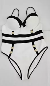 River island 791495 Button Trim Plunge One-Piece Swimsuit SZ US 14 UK18 White - Picture 1 of 5