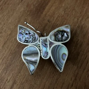 Butterfly Belt Buckle Metal Silver Abalone Shell Inlay Boho Vtg Hippie Mexico 1” - Picture 1 of 4