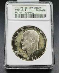 1971 S $1 Ike Eisenhower Silver Coin Dollar ANACS PF64 HVY Cameo Variety DDO 042 - Picture 1 of 5