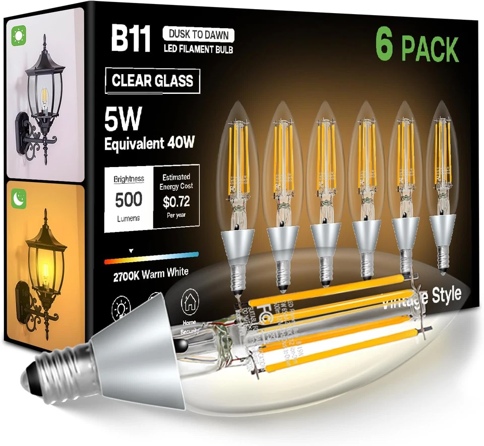 Dusk to Dawn Outdoor LED Light Bulb 5W Equivalent 40W Candelabra B11 2700K Soft - Image 1 of 1