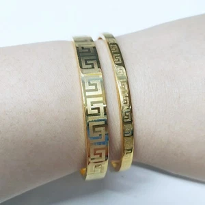 Gold Plated Bangle Stainless Steel Open Cuff Greek Key Pattern Bracelet UK - Picture 1 of 6