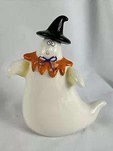 Geisterhexe Figur schwarzer Hut orangefarbener Kragen Porzellan 4"" Halloween - Bild 1 von 6