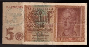 1942 Germany 5 Mark Pic# 186a. W/NAZI EAGLE HANDSTAMP "HAMBURG" (RARE) - Picture 1 of 2