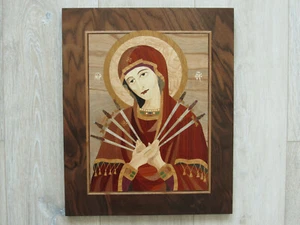 Virgin Mary inlay icon, religious art, mosaic icon, Ukrainian icon, marquetry - Picture 1 of 11