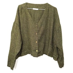 Bryn Walker 100% Linen Houndstooth Cropped Jacket - Black/Green L - Picture 1 of 9