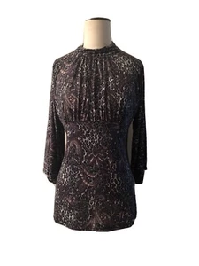 ISELA Purple/Black Oriental Printed High Neck 3/4  Sleeve Top Shirt Size M - Picture 1 of 9