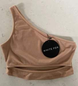 WHITE FOX BOUTIQUE First Love Crop Top Size M Tan One Shoulder Rib Stretch NEW - Picture 1 of 7