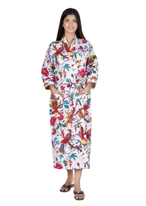 Women's White 48" Long Bird Print Kimono Cotton Bath Robes Maxi NightGown Dress - Picture 1 of 6