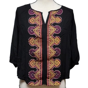 Skies Are Blue Embroidered Blouse Womens Sz XS Black Purple Yellow Top Shirt - Picture 1 of 7