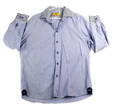 Brio Milano Shirt Mens Xl Blue Striped Flip Cuff Paisley Long Sleeve - Image 1 of 4