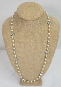 Vintage Signed Monet Faux Pearl and Rhinestone Silver Tone Necklace 26" - Picture 1 of 12