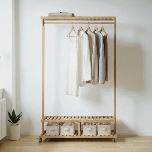 Perchero de bambú con estantes y ruedas - 60”H x 41”W x 14”D Foto 1 de 4