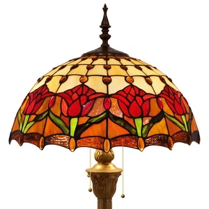 Tiffany Floor Lamp Red Amber Tulip Flower Stained Glass Standing Reading Ligh... - Picture 1 of 8