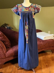 Vintage blau Baumwolle Oaxacan mexikanisch Huipil Kleid bestickt Blumen Maxi Gr. S - Bild 1 von 8
