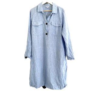 J.Jill Love Linen Dress Size XL Tall Blue Stripe Popover Collar Coastal Preppy - Picture 1 of 9