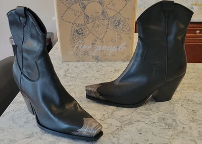 Free People Boots Brayden Black Leather Cowboy Ankle Silver Tip 40  9  9.5 SEXY - Image 1 of 4