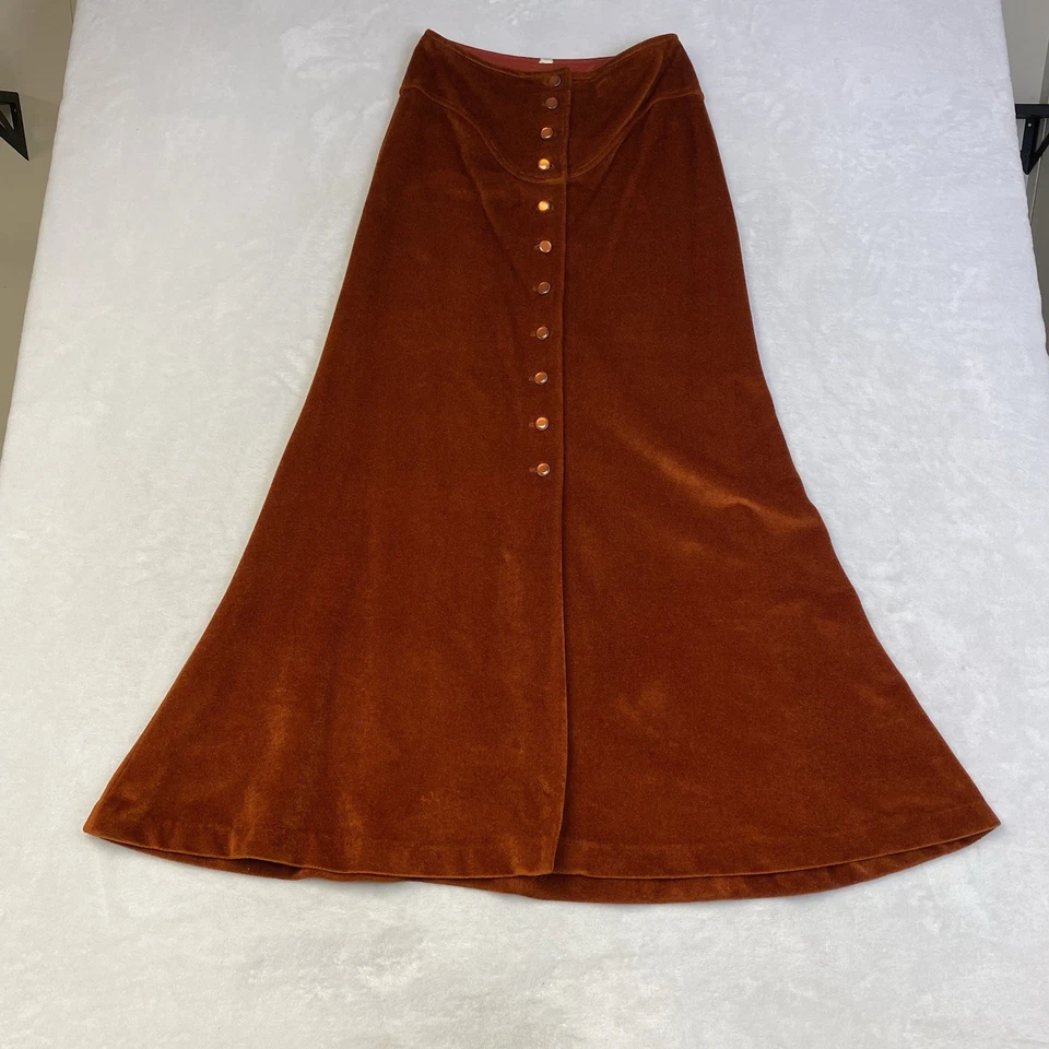 True Vintage Women’s High Waisted Midi Skirt Front Button Brick Red Velvet 28x39 - Image 1 of 4