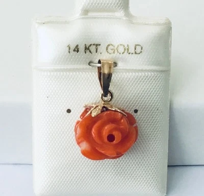 Small  Solid 14K Yellow Gold  Genuine Red Coral  Hand Carved Flower  Pendant NEW - Image 1 of 4