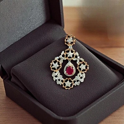 3.32 Cts F/VS1 Round Brilliant Cut Natural Diamonds Ruby Pendant 14K Rose Gold - Image 1 of 4