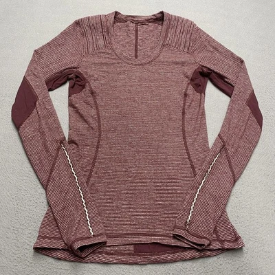 Lululemon Shirt Womens 6 Maroon Burgundy Stripe Long Sleeve Running Reflective - Image 1 of 4