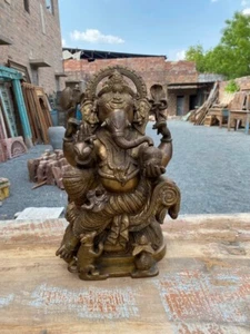1900 Ancient Old Brass Hand Carved Hindu God Ganesha  Sculpture  Statue - Picture 1 of 12