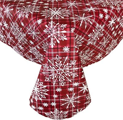 Christmas Vinyl Tablecloth Snowflakes Winter Red Plaid Happy Holiday Asst Sz. - Image 1 of 3