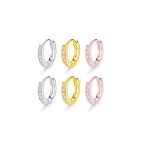 Sterling Silver 6mm Hoop Pave CZ Huggie Hinged Cuff Half Eternity Earrings - Picture 1 of 19