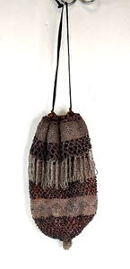 Art Deco Flapper Era Crochet Black Silver Hand Seed Beaded Drawstring Purse 1920 - Picture 1 of 9