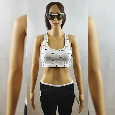 CHAMPION KEYHOLE RACERBACK SPORT BRA WOMEN ALL C SCRIPT PRINT LOGO WHITE SIZE M - Image 1 of 4