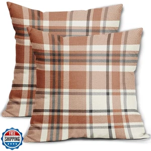 Aytipun Fall Plaid Pillow Covers 18x18 Set of 2 Burnt Orange Gray Cream Rusti - Picture 1 of 5