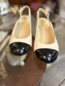 Stuart Weitzman Tipin Cream/Black Caps Leather Slingback Wedge Heels Size 9M - Picture 1 of 13