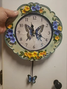 Vtg Collections Butterflies Flowers Butterfly Pendulum Wall Clock Cottage Blue  - Picture 1 of 11